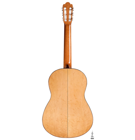The back of a 2019 Youri Soroka "Torres" classical guitar made with spruce and maple.