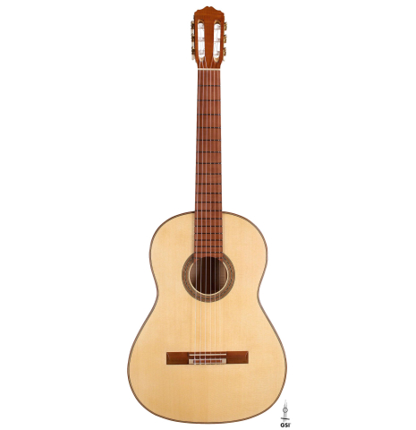 The front of a 2020 Youri Soroka classical guitar made with spruce top and maple back and sides.