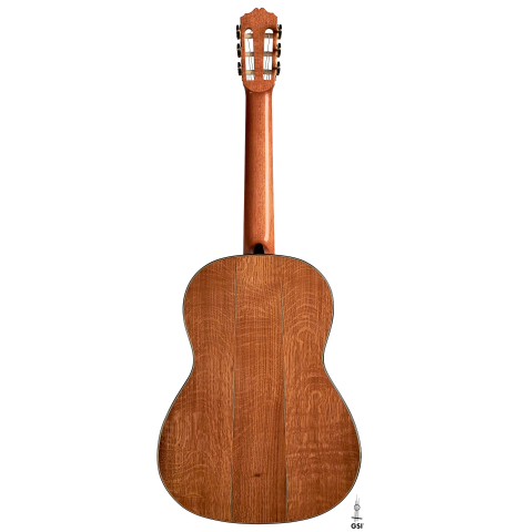The back of a 2022 Youri Soroka &quot;Templars Oak&quot; classical guitar made with spruce top and oak back and sides