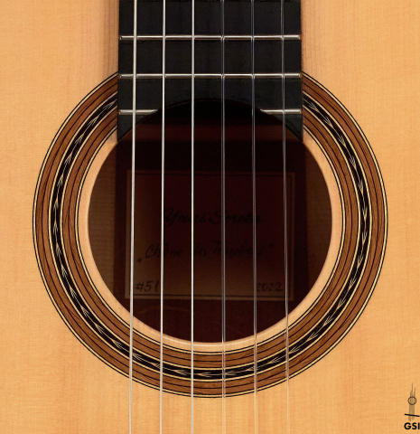 The rosette of a 2022 Youri Soroka &quot;Templars Oak&quot; classical guitar made with spruce top and oak back and sides