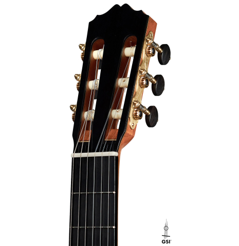 The headstock and tuners of a 2022 Youri Soroka &quot;Templars Oak&quot; classical guitar made with spruce top and oak back and sides