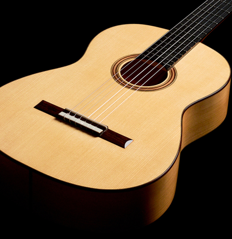 The spruce soundboard of a 2022 Youri Soroka &quot;Torres&quot; classical guitar