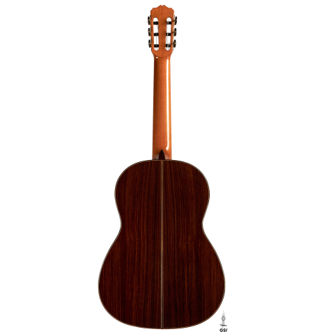 The back of a 2023 Youri Soroka "1924 Santos, ex Segovia" classical guitar made of spruce and Indian rosewood