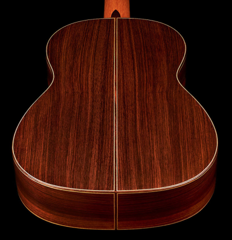 The back and sides of a 2023 Youri Soroka "1924 Santos, ex Segovia" classical guitar made of spruce and Indian rosewood