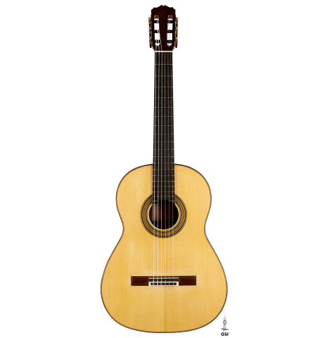 The front of a 2023 Youri Soroka "1924 Santos, ex Segovia" classical guitar made of spruce and Indian rosewood