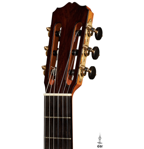 The headstock of a 2023 Youri Soroka "1924 Santos, ex Segovia" classical guitar made of spruce and Indian rosewood