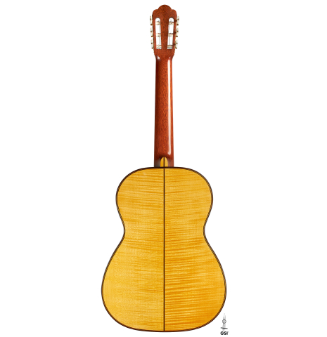 The back of a 2021 Gary Southwell "1940 'Augustine' Hauser, ex-Bream" classical guitar made of spruce and maple