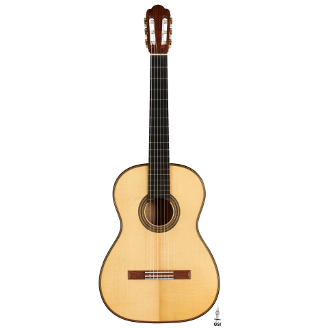 The front of a 2021 Gary Southwell "1940 'Augustine' Hauser, ex-Bream" classical guitar made of spruce and maple