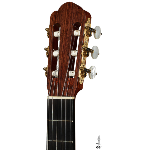 The headstock of a 2021 Gary Southwell "1940 'Augustine' Hauser, ex-Bream" classical guitar made of spruce and maple