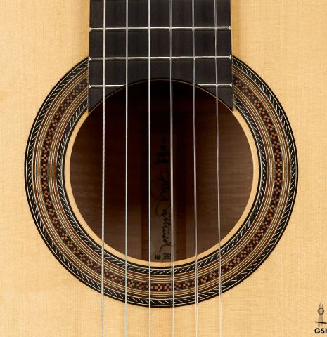 The rosette of a 2021 Gary Southwell "1940 'Augustine' Hauser, ex-Bream" classical guitar made of spruce and maple