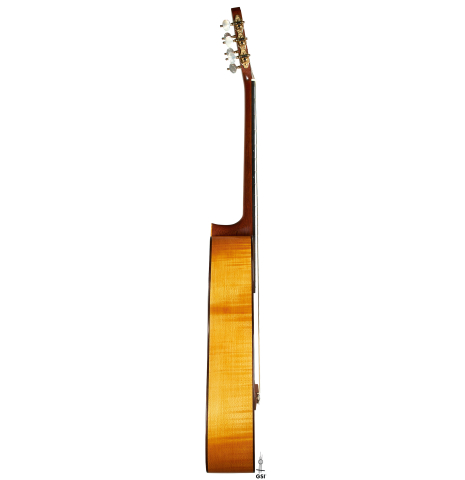 The side of a 2021 Gary Southwell "1940 'Augustine' Hauser, ex-Bream" classical guitar made of spruce and maple