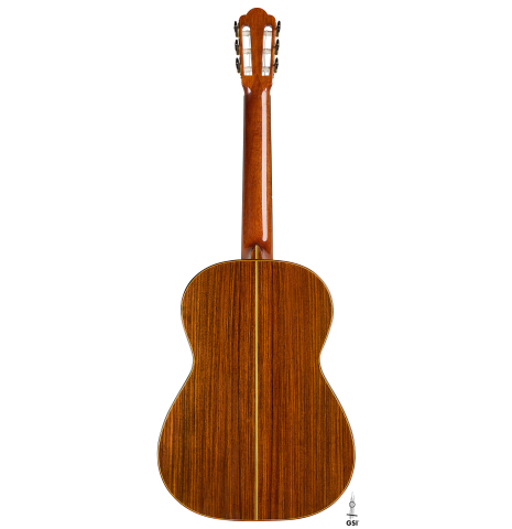 The back of a 2001 Gary Southwell "1940 'Augustine' Hauser, ex-Bream" classical guitar made of spruce and Indian rosewood