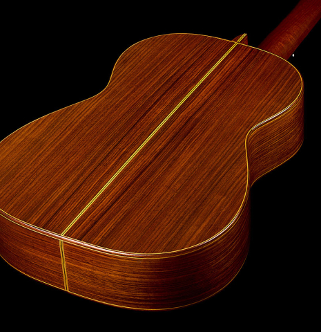 The sides and back of a 2001 Gary Southwell "1940 'Augustine' Hauser, ex-Bream" classical guitar made of spruce and Indian rosewood