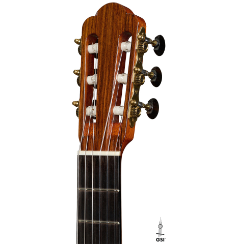 The headstock of a 2001 Gary Southwell "1940 'Augustine' Hauser, ex-Bream" classical guitar made of spruce and Indian rosewood
