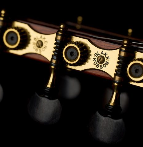 The tuning machines of a 2001 Gary Southwell "1940 'Augustine' Hauser, ex-Bream" classical guitar made of spruce and Indian rosewood