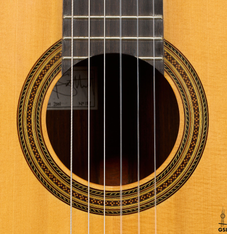 The rosette of a 2001 Gary Southwell "1940 'Augustine' Hauser, ex-Bream" classical guitar made of spruce and Indian rosewood