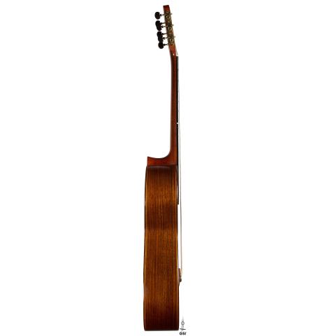The side of a 2001 Gary Southwell "1940 'Augustine' Hauser, ex-Bream" classical guitar made of spruce and Indian rosewood