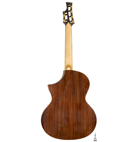 The back of a 2003 Gary Southwell "A-Series" (ex Scott Tennant) classical guitar made of spruce and Indian rosewood