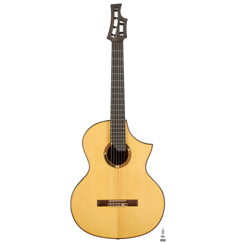 The front of a 2003 Gary Southwell "A-Series" (ex Scott Tennant) classical guitar made of spruce and Indian rosewood