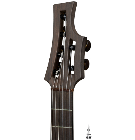 The headstock of a 2003 Gary Southwell "A-Series" (ex Scott Tennant) classical guitar made of spruce and Indian rosewood