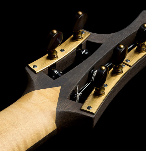 The back of the headstock and tuning machines of a 2003 Gary Southwell "A-Series" (ex Scott Tennant) classical guitar made of spruce and Indian rosewood