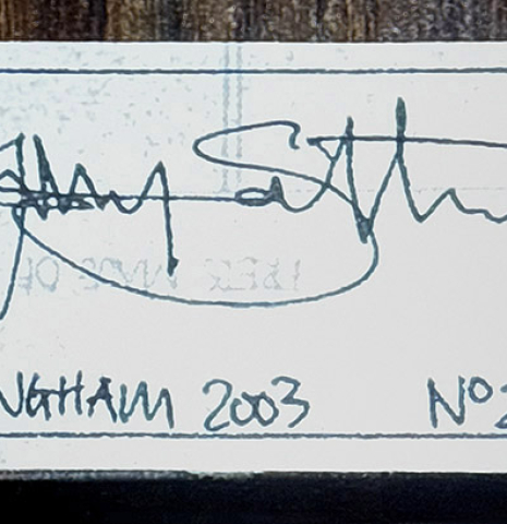 The label of a 2003 Gary Southwell "A-Series" (ex Scott Tennant) classical guitar made of spruce and Indian rosewood