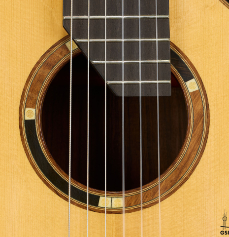 The rosette of a 2003 Gary Southwell "A-Series" (ex Scott Tennant) classical guitar made of spruce and Indian rosewood