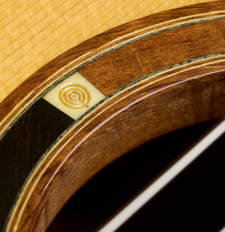 The soundhole and rosette detail of a 2003 Gary Southwell "A-Series" (ex Scott Tennant) classical guitar made of spruce and Indian rosewood