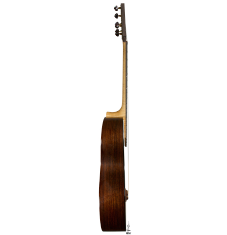 The side of a 2003 Gary Southwell "A-Series" (ex Scott Tennant) classical guitar made of spruce and Indian rosewood