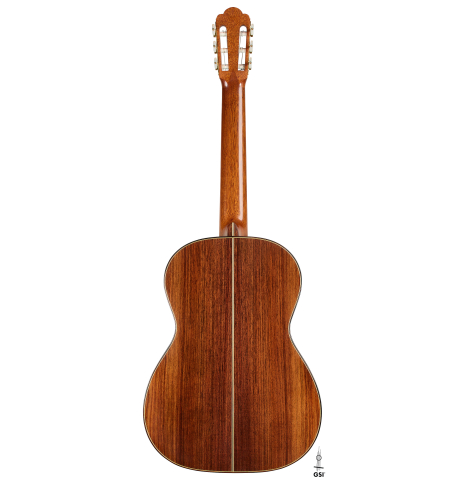 The back of a 2025 Gary Southwell "1940 'Augustine' Hauser, ex-Bream" classical guitar made of spruce and Indian rosewood
