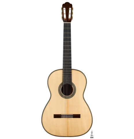 The front of a 2025 Gary Southwell "1940 'Augustine' Hauser, ex-Bream" classical guitar made of spruce and Indian rosewood