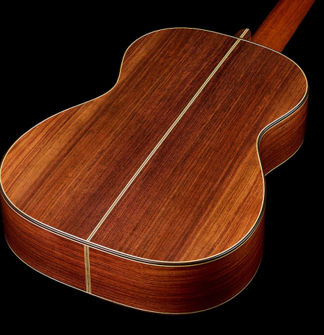 The back and sides of a 2025 Gary Southwell "1940 'Augustine' Hauser, ex-Bream" classical guitar made of spruce and Indian rosewood