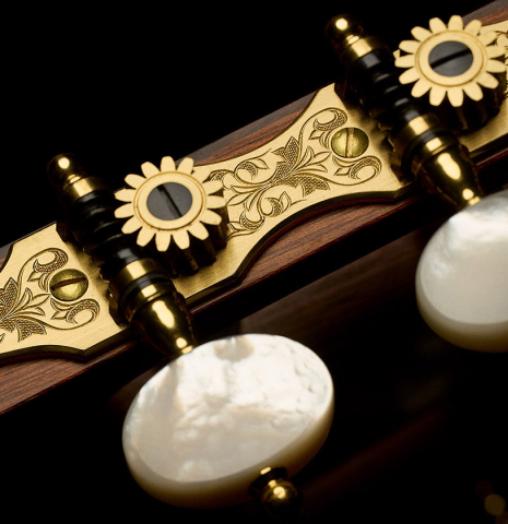 The tuning machines of a 2025 Gary Southwell "1940 'Augustine' Hauser, ex-Bream" classical guitar made of spruce and Indian rosewood