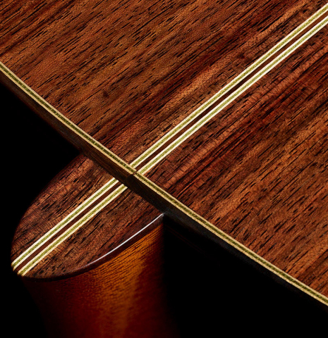 The heel, back binding and purfling of a 2025 Gary Southwell "1940 'Augustine' Hauser, ex-Bream" classical guitar made of spruce and Indian rosewood