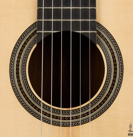 The rosette of a 2025 Gary Southwell "1940 'Augustine' Hauser, ex-Bream" classical guitar made of spruce and Indian rosewood