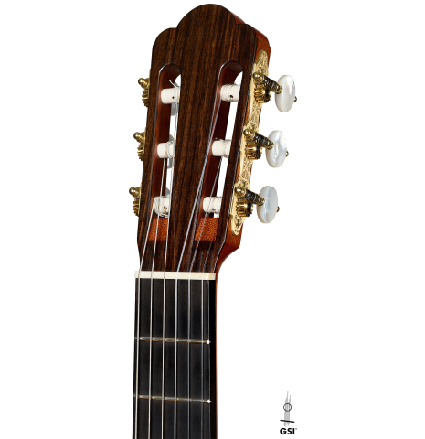 The headstock of a 2025 Gary Southwell "1940 'Augustine' Hauser, ex-Bream" classical guitar made of spruce and Indian rosewood