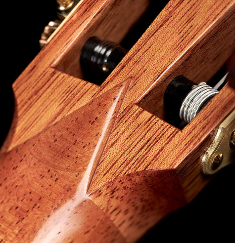 The back of the headstock of a 2022 Sebastian Stenzel classical guitar made of spruce and CSA rosewood