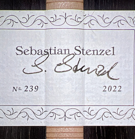 The label of a 2022 Sebastian Stenzel classical guitar made of spruce and CSA rosewood