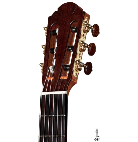 The headstock of a 2022 Sebastian Stenzel classical guitar made of spruce and CSA rosewood