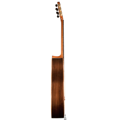 The side of a 2020 Sebastian Stenzel &quot;Enhanced Wood&quot; classical guitar made with cedar and CSA rosewood.