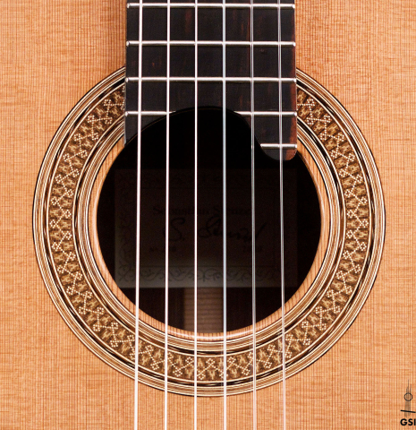 The rosette of a 2020 Sebastian Stenzel &quot;Enhanced Wood&quot; classical guitar made with cedar and CSA rosewood.