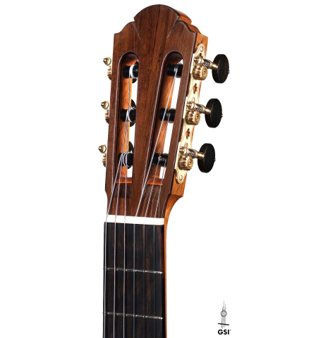 The headstock of a 2020 Sebastian Stenzel &quot;Enhanced Wood&quot; classical guitar made with cedar and CSA rosewood.