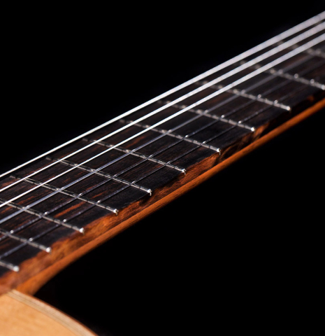 The neck of a 2020 Sebastian Stenzel &quot;Enhanced Wood&quot; classical guitar made with cedar and CSA rosewood.