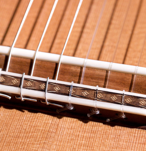 The bridge and tie block of a 2020 Sebastian Stenzel &quot;Enhanced Wood&quot; classical guitar made with cedar and CSA rosewood.