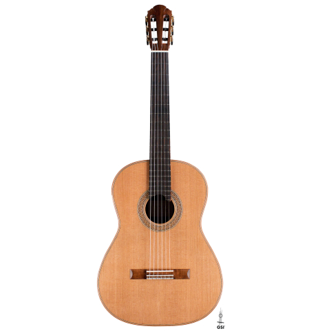 The front of a 2020 Sebastian Stenzel &quot;Enhanced Wood&quot; classical guitar made with cedar and CSA rosewood.