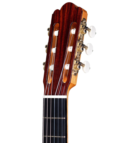 The headstock and machine heads of a 2015 Annette Stephany classical guitar made with spruce and Indian rosewood