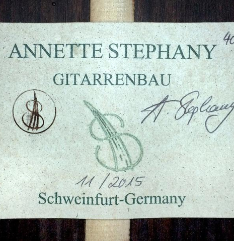 The label of a 2015 Annette Stephany classical guitar made with spruce and Indian rosewood