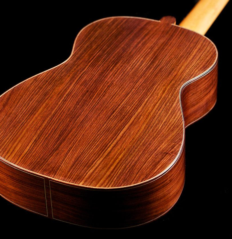 The back and sides of a 2015 Annette Stephany classical guitar made with spruce and Indian rosewood