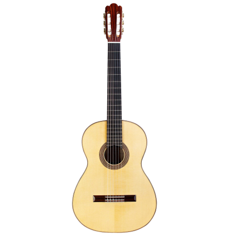 The front of a 2015 Annette Stephany classical guitar made with spruce and Indian rosewood