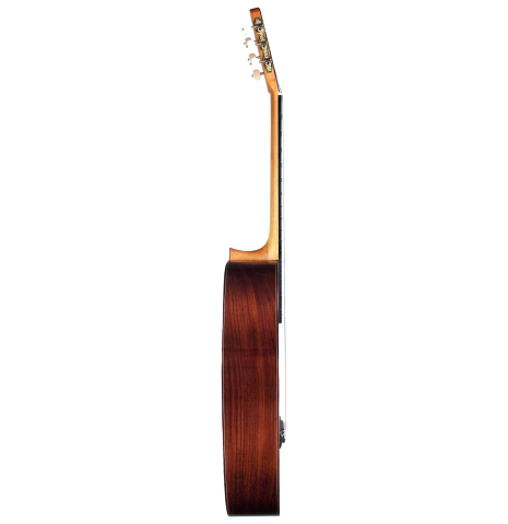 The side of a 2015 Annette Stephany classical guitar made with spruce and Indian rosewood